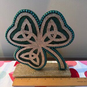 St. Patrick's Day Green Gold Celtic Shamrock Beaded Figurine Tabletop Decor 9"